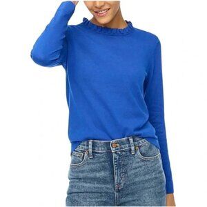 J. Crew Women's Ruffle Neck Pullover Sweater Stretch Sz L Royal Blue Long Sleeve